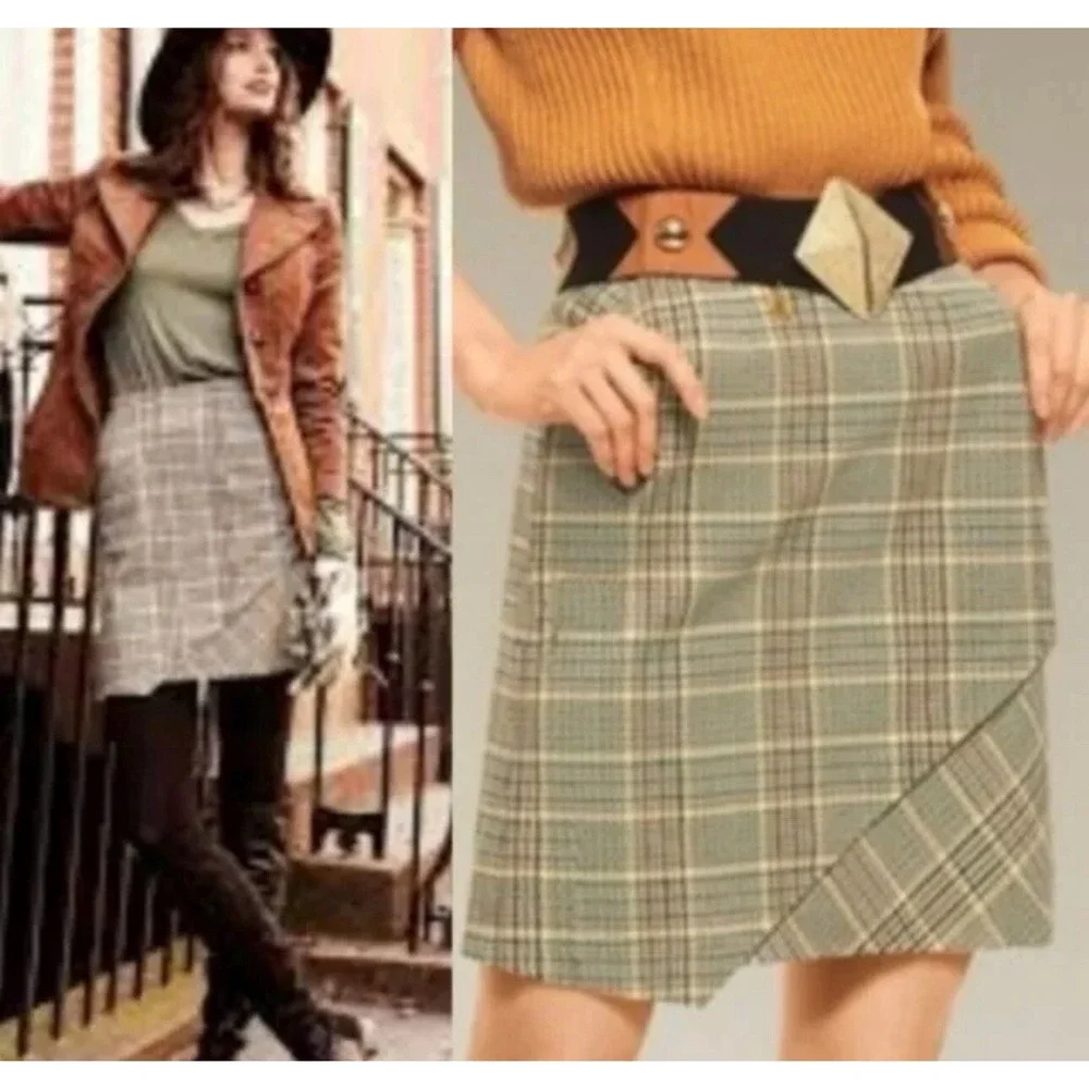Cabi Sunday Skirt 3584 Tan Brown Plaid Asymmetrical Fringed Mini‎ Skirt Womens M
